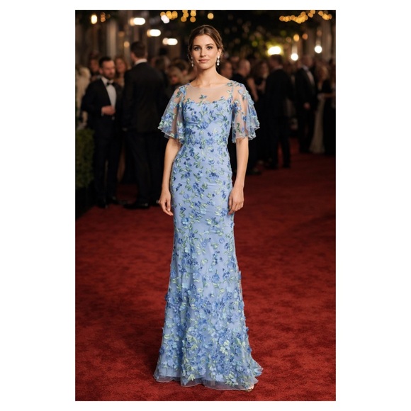 Marchesa Notte Blue Floral Embroidered Tulle Evening Gown Sz 2 Wedding NWT